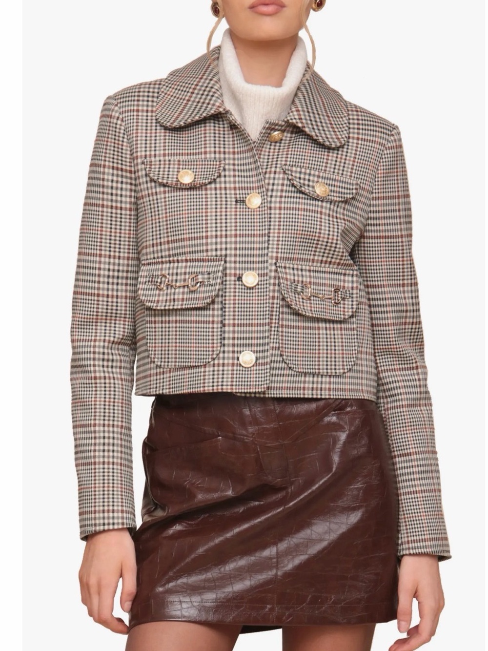 Avec Les Filles Plaid Cropped Blazer in Brown and Cream